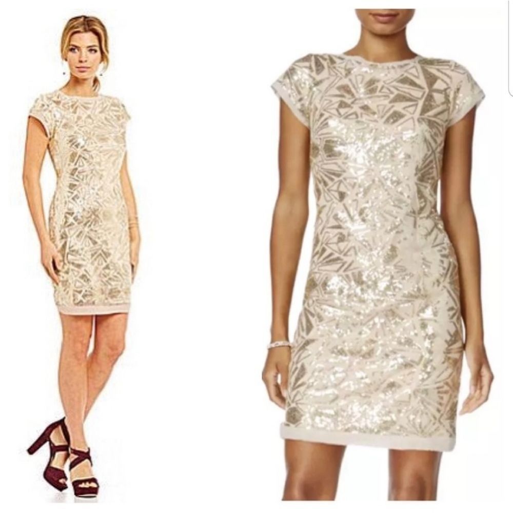 VINCE CAMUTO Gold Sequin Shift Dress Champagne EUC SZ 12